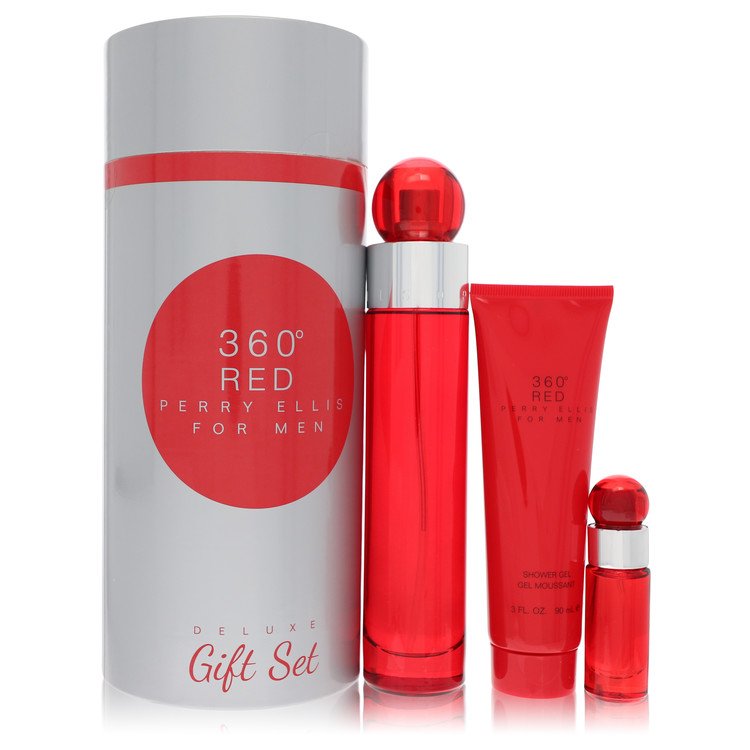 Perry Ellis 360 Red Gift Set By Perry Ellis 3.4 oz Eau De Toilette Spray + .25 oz Mini EDT Spray + 3 oz Shower Gel in Tube Box For Men By Perry Ellis