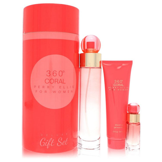 Perry Ellis 360 Coral Gift Set By Perry Ellis 3.4 oz Eau de Parfum Spray + .25 oz Mini EDP Spray + 3 oz Shower Gel For Women By Perry Ellis