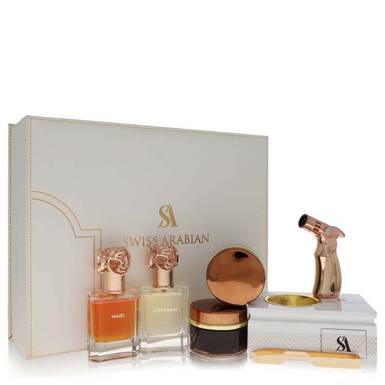 Swiss Arabian Bakhoor Dukhoon Al Haram Gift Set By Swiss Arabian Gift Set contains 2 x 1.7 oz Eau De Parfum in Wajd & Gharaam + 2 x 60 grams of Incense in Dukhoon Al Haram & Oud Muattar Mumtaz For Men By Swiss Arabian