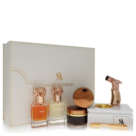 Swiss Arabian Bakhoor Dukhoon Al Haram Gift Set By Swiss Arabian Gift Set contains 2 x 1.7 oz Eau De Parfum in Wajd & Gharaam + 2 x 60 grams of Incense in Dukhoon Al Haram & Oud Muattar Mumtaz For Men By Swiss Arabian