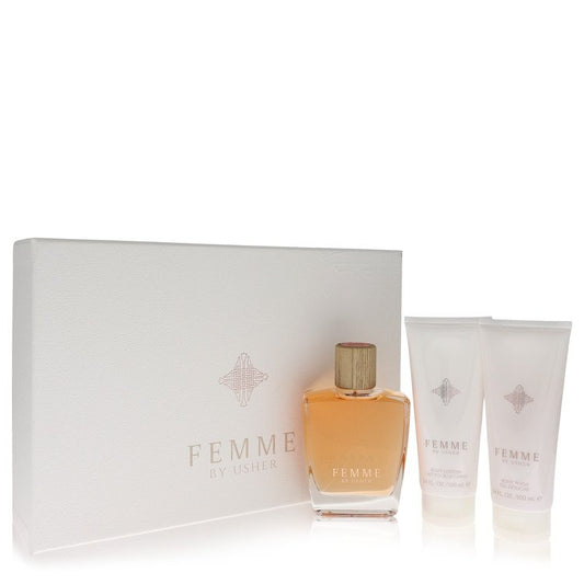 Usher Femme Gift Set By Usher 3.4 oz Eau De Parfum Spray + 3.4 oz Body Lotion + 3.4 oz Shower Gel For Women By Usher
